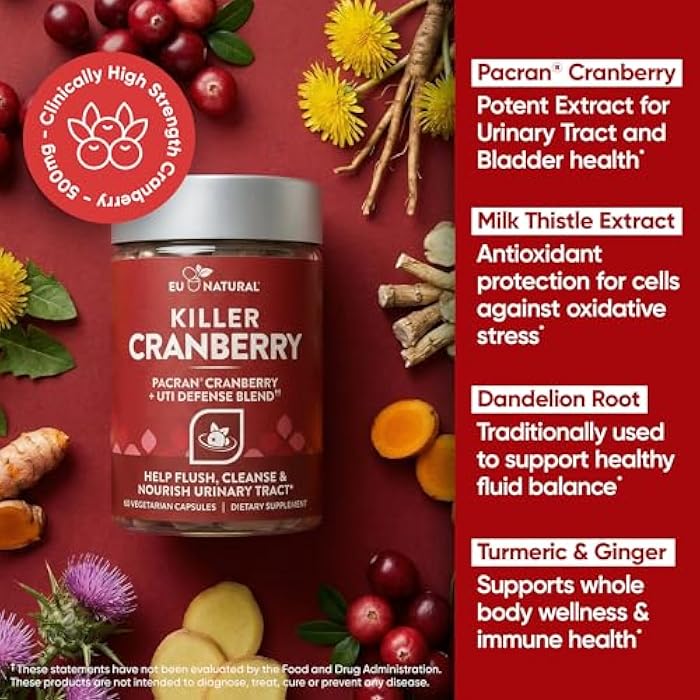 Eu Natural 10-In-1 Killer Cranberry Pills for Women - UTI Defense Blend with Pacran Cranberry - 10 Ingredient Urinary Tract Supplement - Turmeric, Milk Thistle, Dandelion, Ginger & More - 60 Fast-Acting Capsules - Image 4