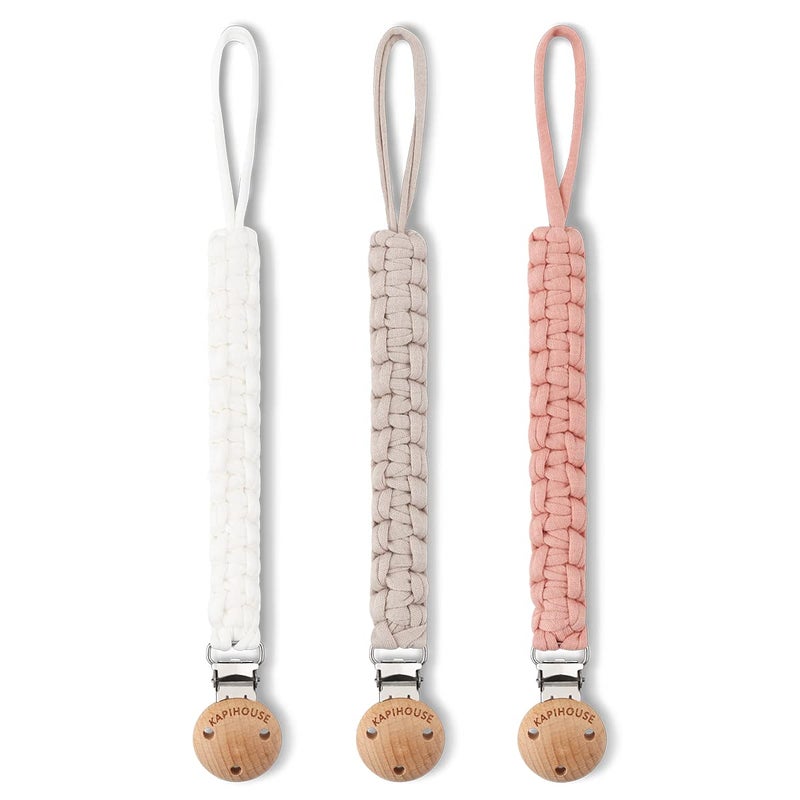 Kapihouse Pacifier Clip for Girl 92 Inch Pacifier Leashes woodern Clips Teething Toy with Handmade Braided Cotton Modern Unisex Baby Shower Birthdays Christmas Set 3 Pack Grils