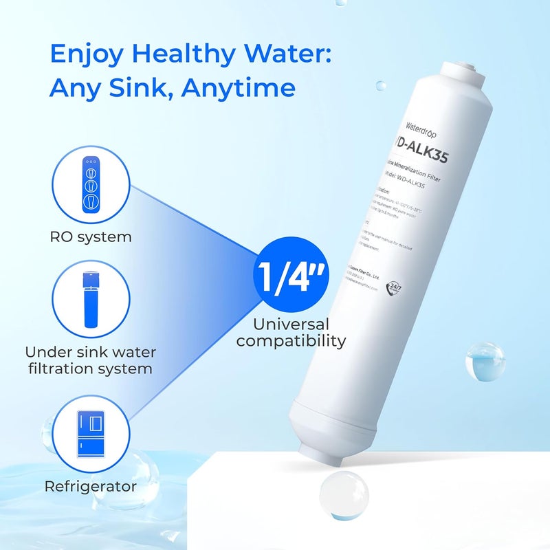 Waterdrop فلتر مياه قلوي WD-ALK35، فلتر قلوي لنظام التناضح العكسي، توازن pH واستعادة المعادن لفلتر RO القلوي، فلتر مياه تحت الحوض، توصيل سريع 1/4" - Image 2