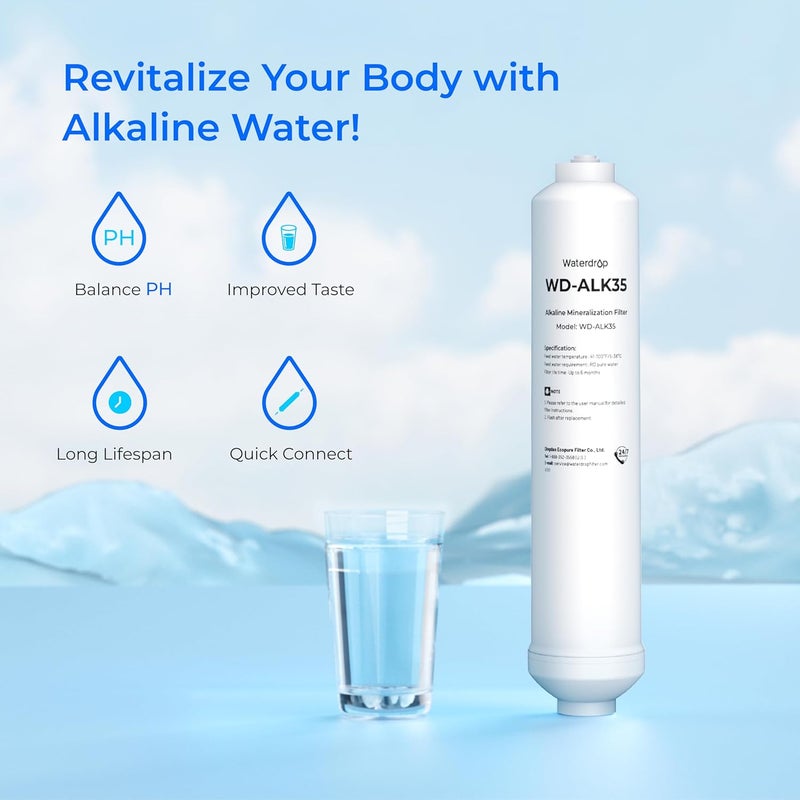 Waterdrop فلتر مياه قلوي WD-ALK35، فلتر قلوي لنظام التناضح العكسي، توازن pH واستعادة المعادن لفلتر RO القلوي، فلتر مياه تحت الحوض، توصيل سريع 1/4" - Image 1