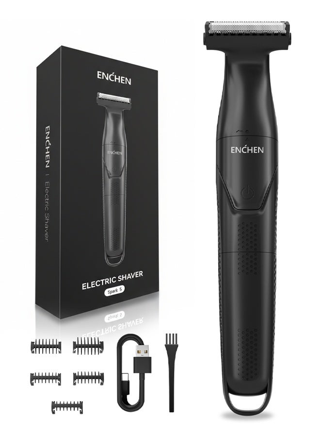 ENCHEN مقص شعر الجسم الكهربائي سبارك 5 للرجال، ماكينة حلاقة مقاومة للماء بسرعة 6500 دورة في الدقيقة مع 5 مشط توجيه (1–7 مم)، شحن سريع من نوع C، شاشة LED، شفرة على شكل R لحلاقة خالية من الألم للصدر، الإبط والأماكن الحساسة - Image 1