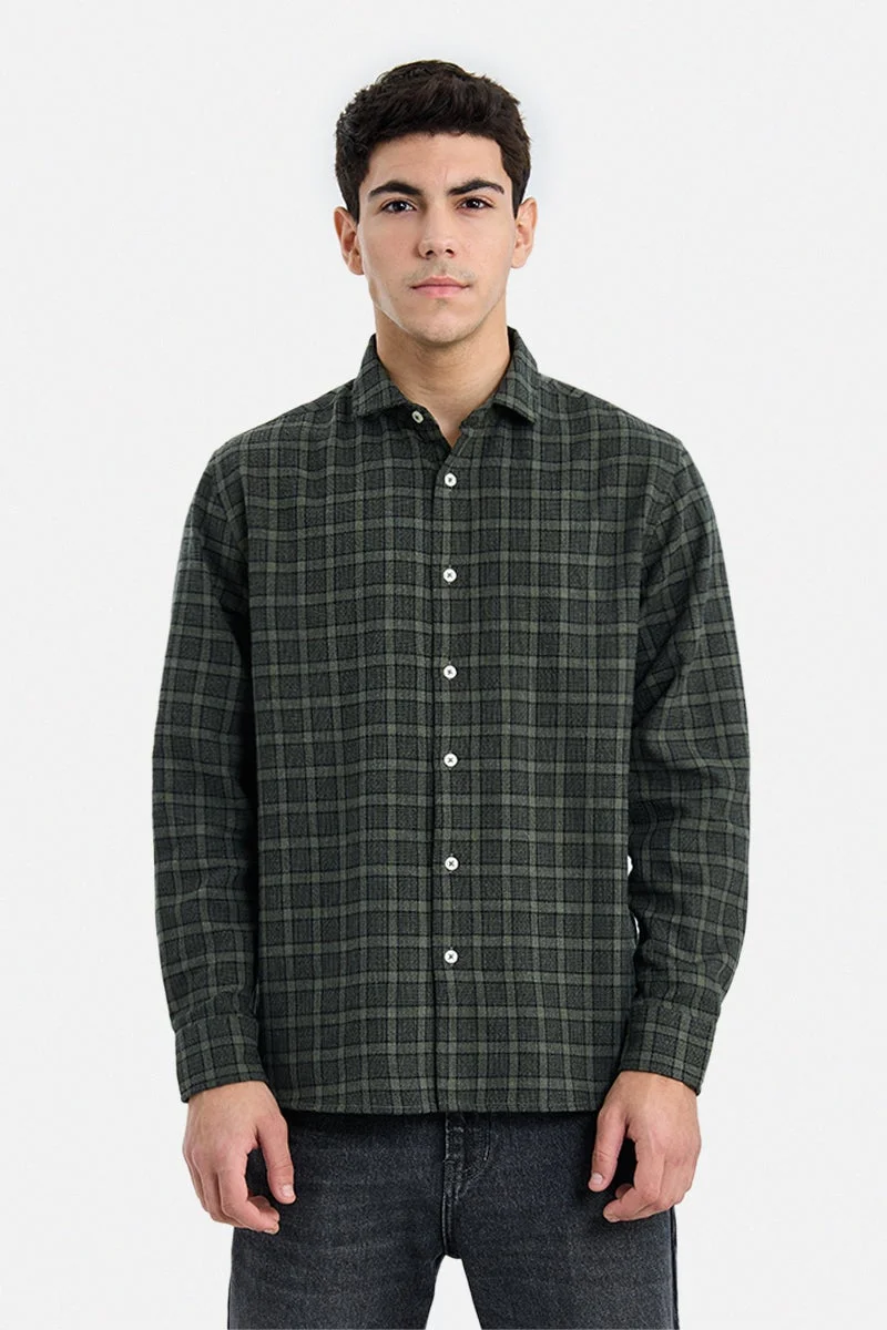 SNITCH Olive Checkered Long Sleeve Regular Fit Shirt