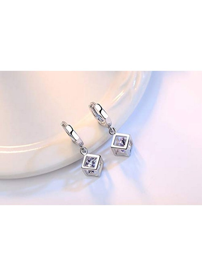 Crystalline Azuria White Zirconia Crystals Cube Set Pendant Necklace 18 Inches Dangle Earrings 18K White Gold Plated  - Image 3