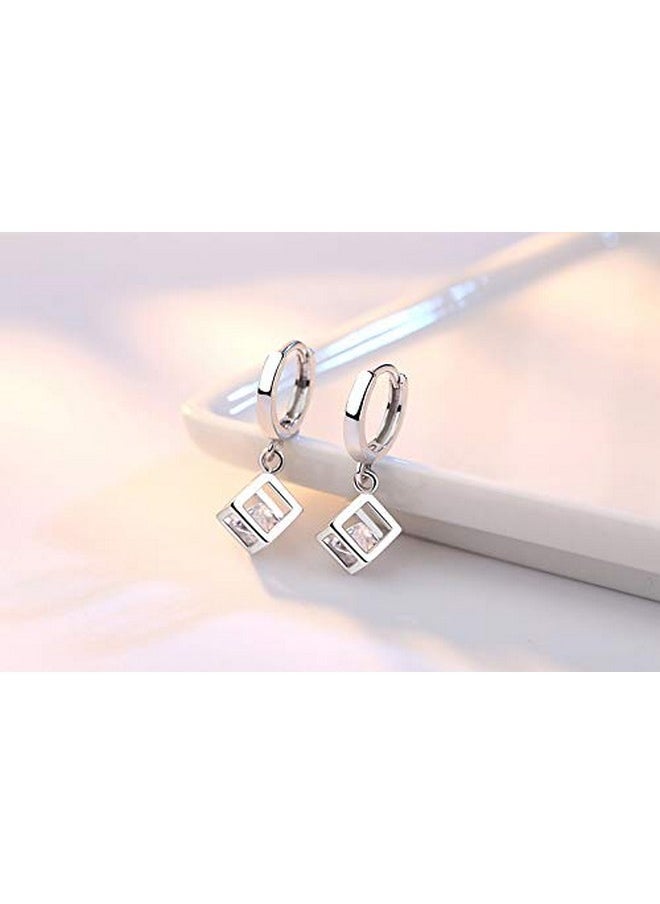 Crystalline Azuria White Zirconia Crystals Cube Set Pendant Necklace 18 Inches Dangle Earrings 18K White Gold Plated  - Image 4