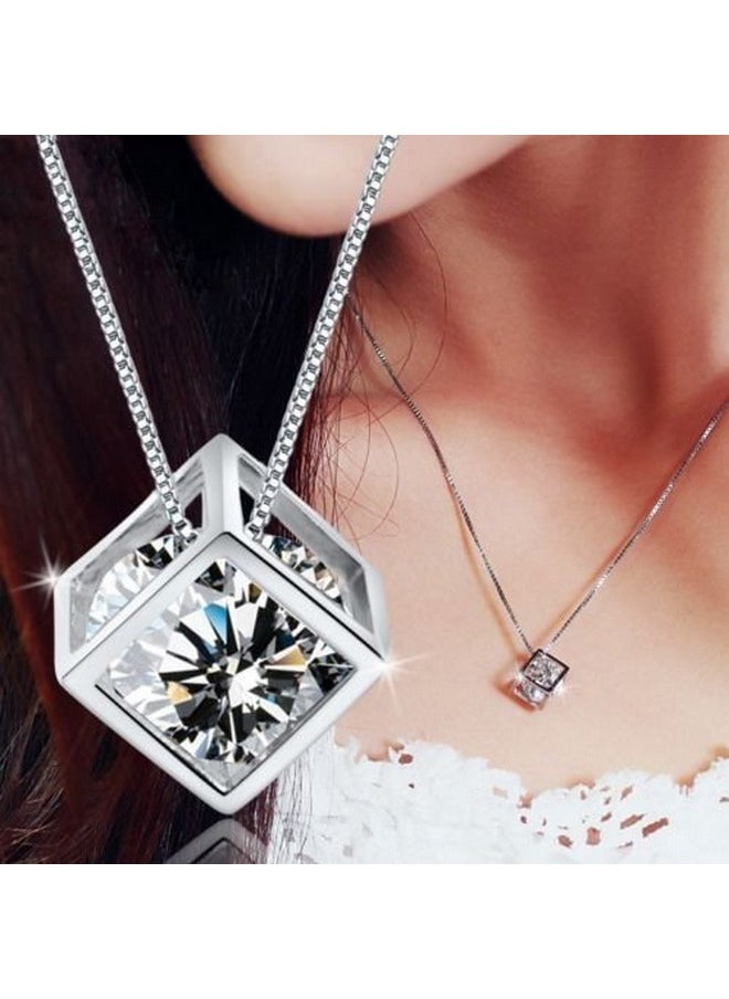 Crystalline Azuria White Zirconia Crystals Cube Set Pendant Necklace 18 Inches Dangle Earrings 18K White Gold Plated  - Image 2