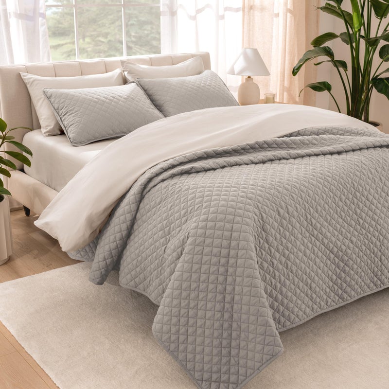 Bare Home Coverlet Set - Twin/Twin Extra Long - Lightweight Bed Decor - Comforter Alternative - All-Season Quilted Bedspread (Twin/Twin XL, Light Grey) - Image 1