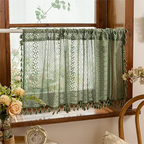 Sutuo Home Olive Green Boho Window Curtains Valance 18 inches Long 2 Panels Farmhouse Lace Sheer Closet Decor Crochet Privacy Vintage Bohemian Tassels Retro Small Kitchen Curtains Rod Pocket 50 W - Image 1