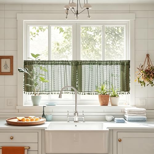 Sutuo Home Olive Green Boho Window Curtains Valance 18 inches Long 2 Panels Farmhouse Lace Sheer Closet Decor Crochet Privacy Vintage Bohemian Tassels Retro Small Kitchen Curtains Rod Pocket 50 W - Image 3