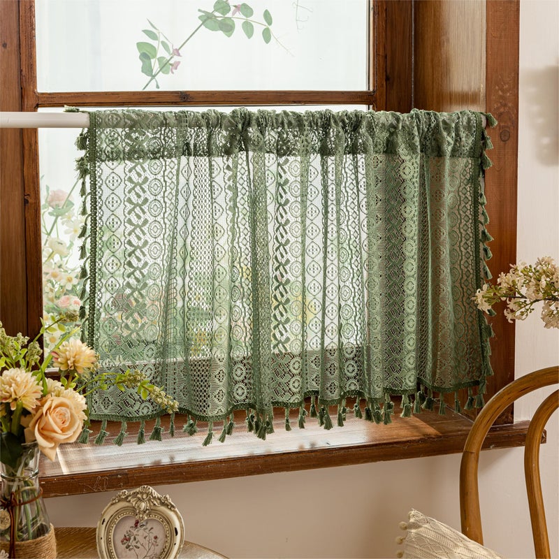 Sutuo Home Olive Green Boho Window Curtains Valance 18 inches Long 2 Panels Farmhouse Lace Sheer Closet Decor Crochet Privacy Vintage Bohemian Tassels Retro Small Kitchen Curtains Rod Pocket 50 W - Image 2