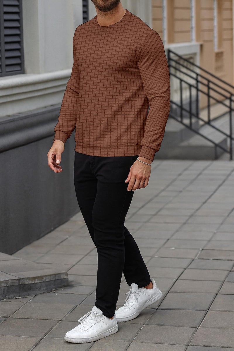 KAJARU Quilted Pattern Long Sleeve Sweatshirt, Round Neck, Men's Casual Pullover, Grey, Black, Beige (in, Alpha, 2XL, Coffee) - Image 4