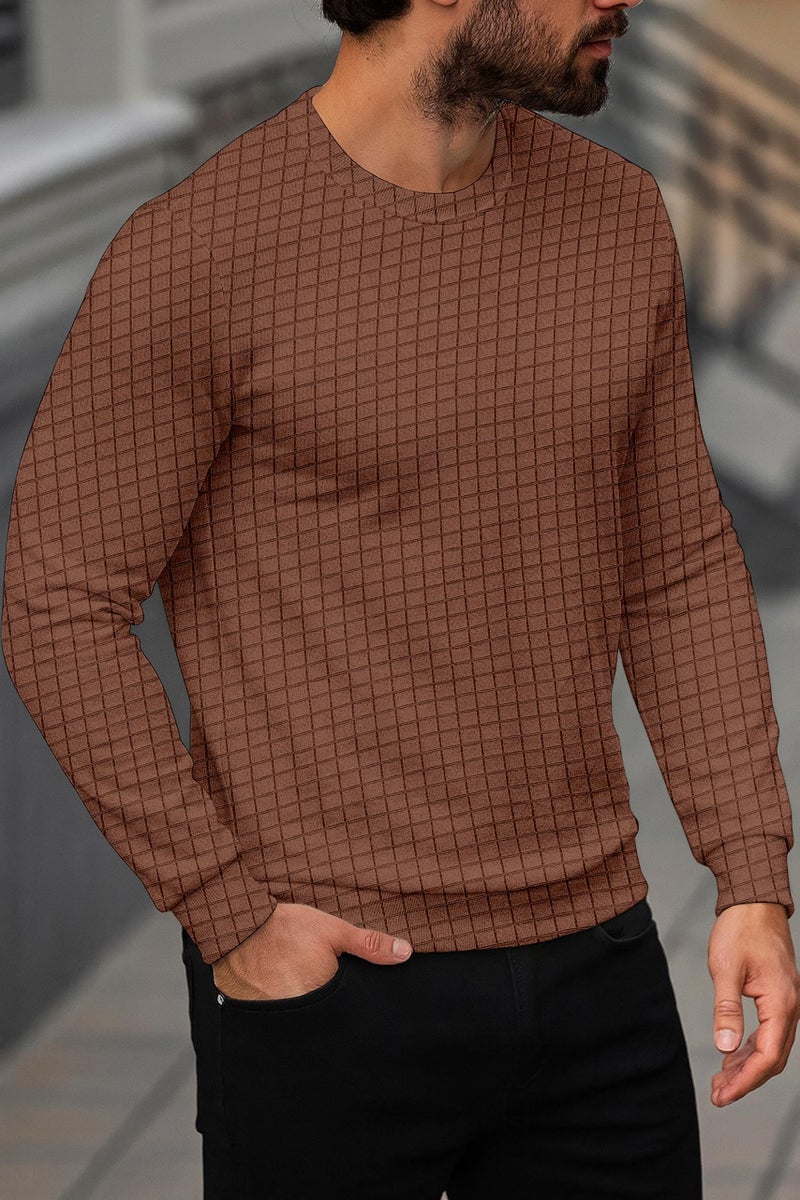 KAJARU Quilted Pattern Long Sleeve Sweatshirt, Round Neck, Men's Casual Pullover, Grey, Black, Beige (in, Alpha, 2XL, Coffee) - Image 3