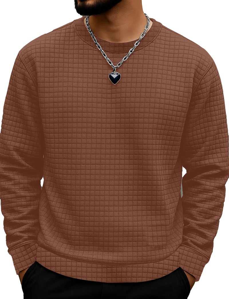 KAJARU Quilted Pattern Long Sleeve Sweatshirt, Round Neck, Men's Casual Pullover, Grey, Black, Beige (in, Alpha, 2XL, Coffee) - Image 1
