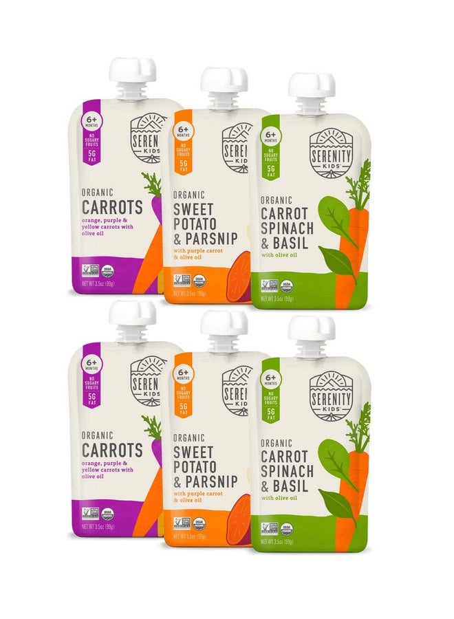 Serenity Kids 6+ Months Certified Organic Baby Food Pouches Veggie Puree - No Sugary Fruits/Added Sugar - 3.5 Oz BPA & Allergen Free Pouch - Garden Veggie Variety Pack - 6 Count Veggie Puree Pouches - Image 1