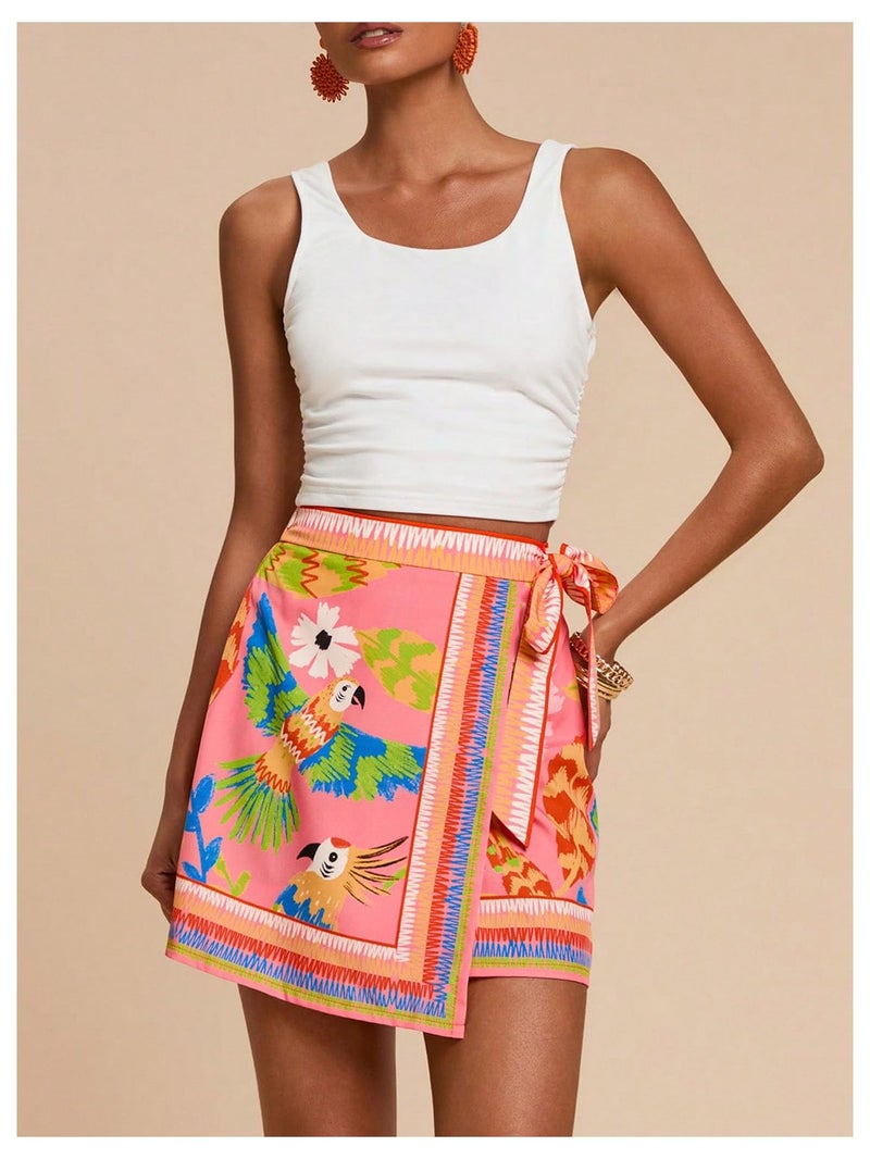 MakeMeChic Women's Summer Boho Wrap Mini Skirt Beach Vacation Short Skirts Pink Bird Print Large - Image 5
