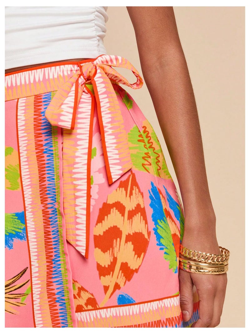 MakeMeChic Women's Summer Boho Wrap Mini Skirt Beach Vacation Short Skirts Pink Bird Print Large - Image 4