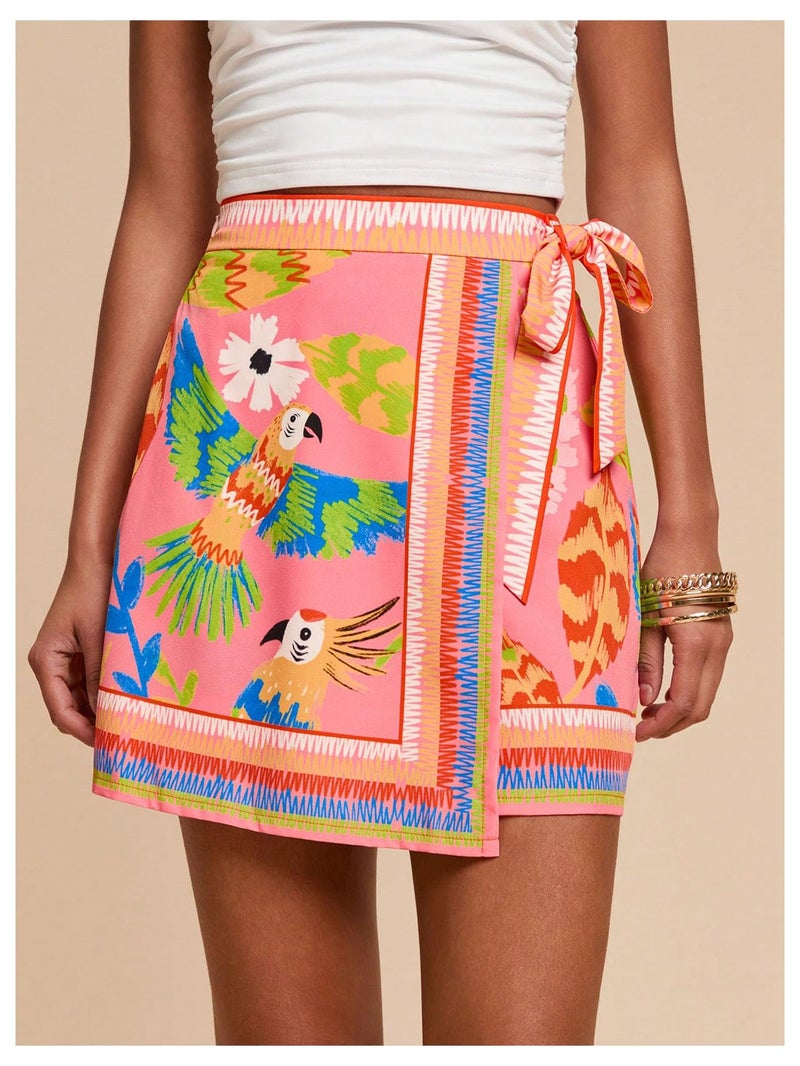 MakeMeChic Women's Summer Boho Wrap Mini Skirt Beach Vacation Short Skirts Pink Bird Print Large - Image 2