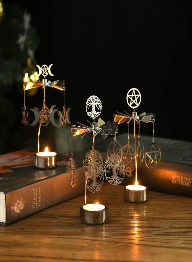 Mooncraftlogy Spinning Tea Light Candle Holder, Silver Triple Moon Carousel Tealight Display, Metal Rotating Witch Decor for Altar Tables, Valentine's Day, Party Decor, Gifts - Image 2