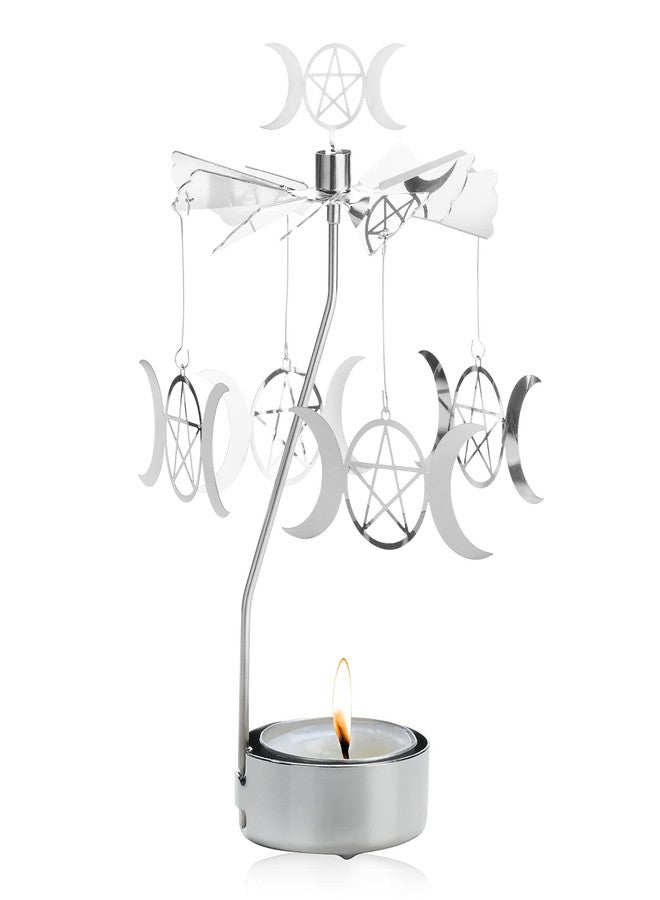 Mooncraftlogy Spinning Tea Light Candle Holder, Silver Triple Moon Carousel Tealight Display, Metal Rotating Witch Decor for Altar Tables, Valentine's Day, Party Decor, Gifts - Image 1