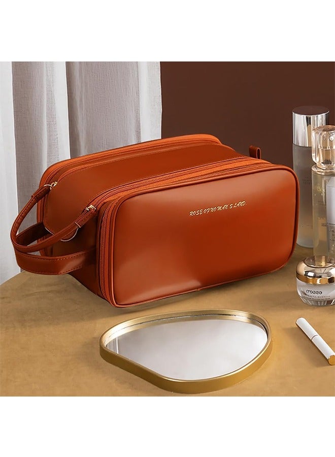 حقيبة مستحضرات تجميل كبيرة السعة للسفر، حقيبة أدوات زينة من جلد البولي يوريثان بسحاب لأدوات الزينة، مستحضرات التجميل، فرشاة المكياج، حقيبة تنظيم مكياج محمولة مقاومة للماء للسفر والاستخدام المنزلي - Image 2