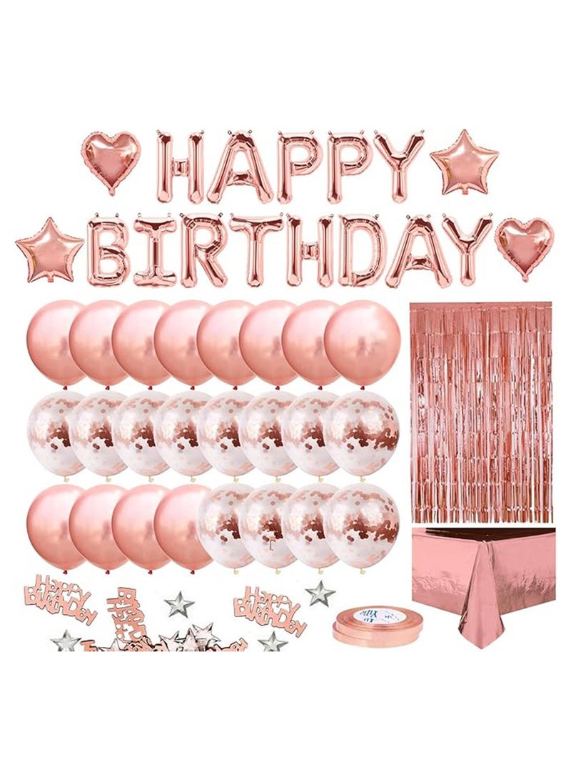 Rose Gold Birthday Party Decoration,Happy Birthday Banner, Rose Gold Fringe Curtain, Foil Tablecloth, Heart Star Foil Confetti Balloons,Table Confetti for Women Girl Birthday Party - Image 1