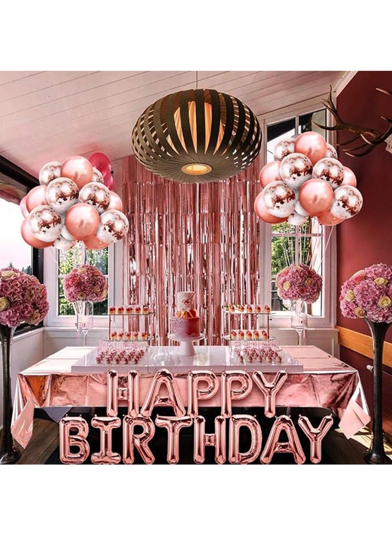 Rose Gold Birthday Party Decoration,Happy Birthday Banner, Rose Gold Fringe Curtain, Foil Tablecloth, Heart Star Foil Confetti Balloons,Table Confetti for Women Girl Birthday Party - Image 2
