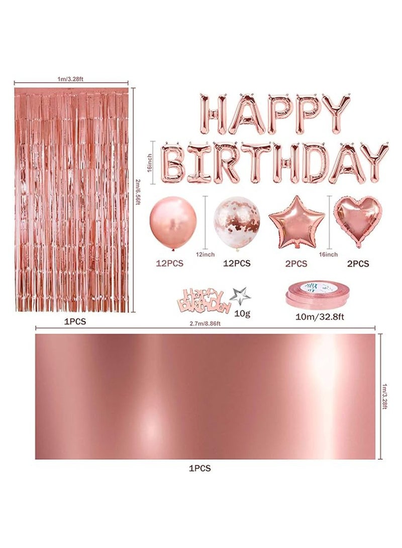 Rose Gold Birthday Party Decoration,Happy Birthday Banner, Rose Gold Fringe Curtain, Foil Tablecloth, Heart Star Foil Confetti Balloons,Table Confetti for Women Girl Birthday Party - Image 3