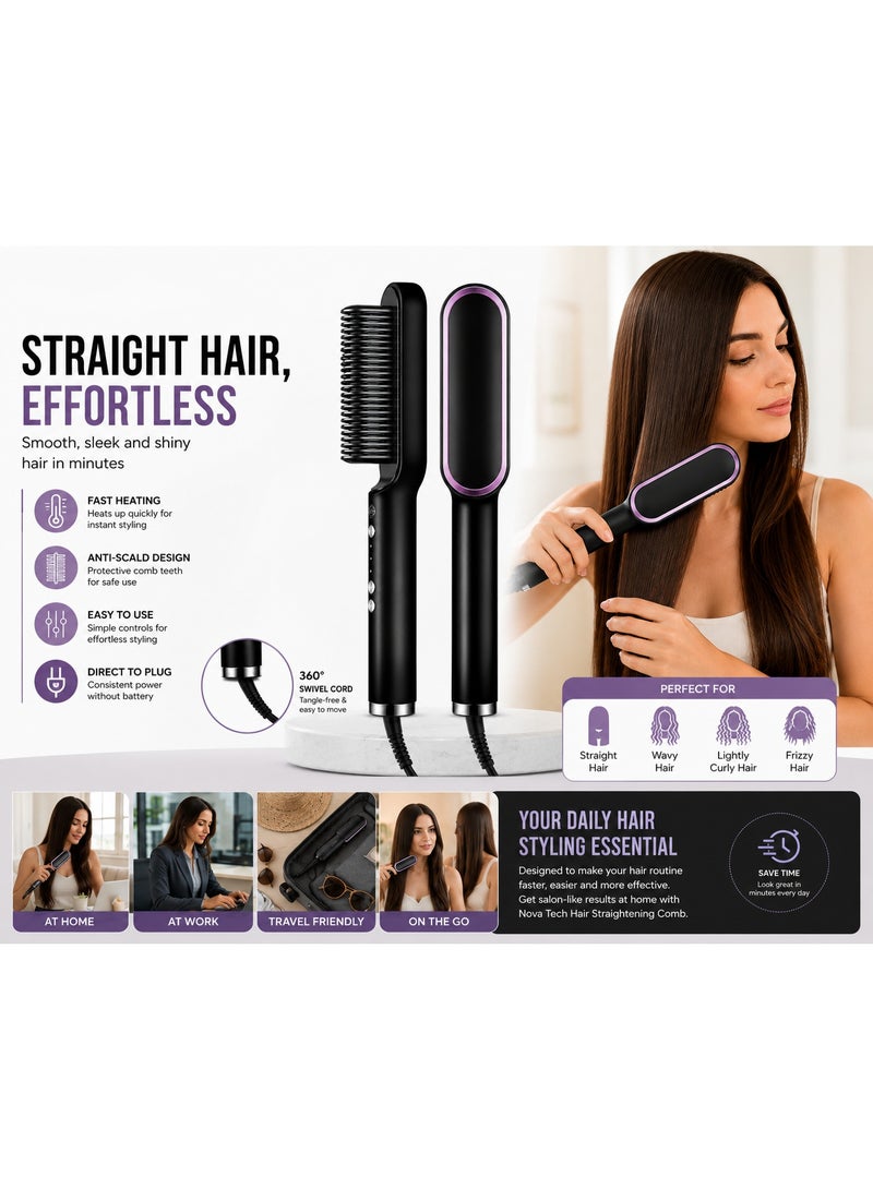 NOVA TECH Electric Hair Straightener Brush Fast Heating Anti-Scald Hair Straightening Comb for Styling - Image 4
