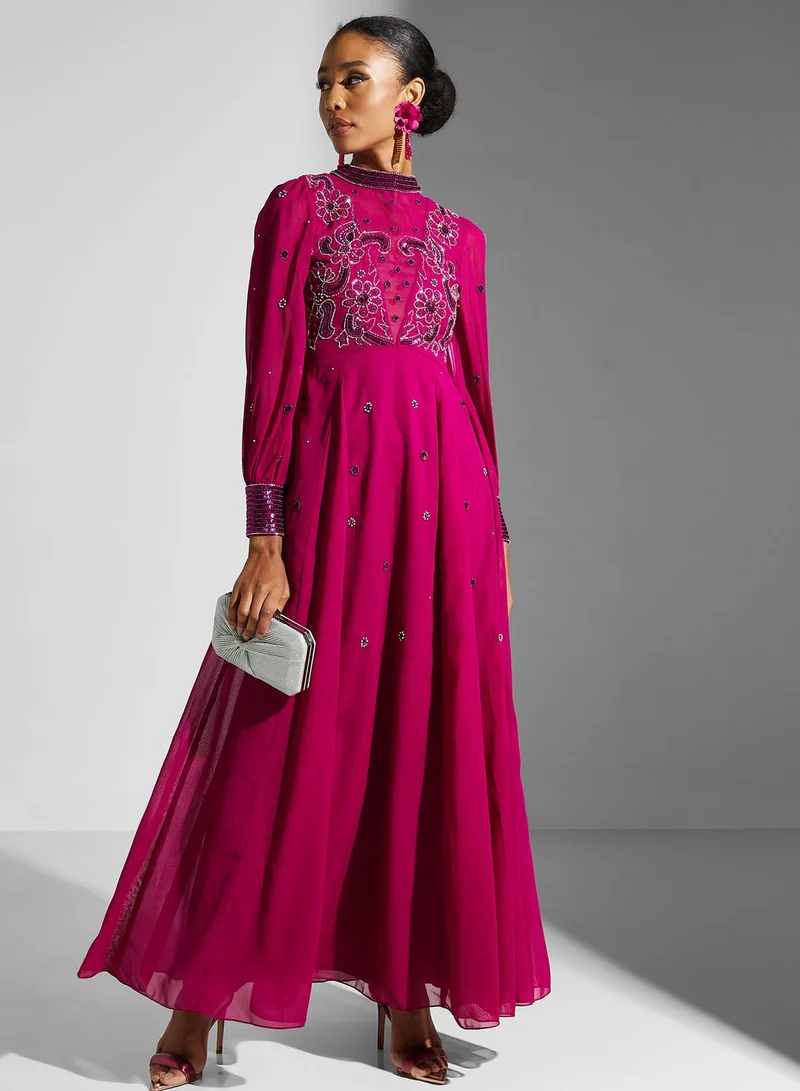 Frock and Frill Puff Sleeve Mesh Detail Dress