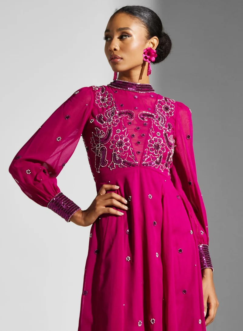 Frock and Frill Puff Sleeve Mesh Detail Dress