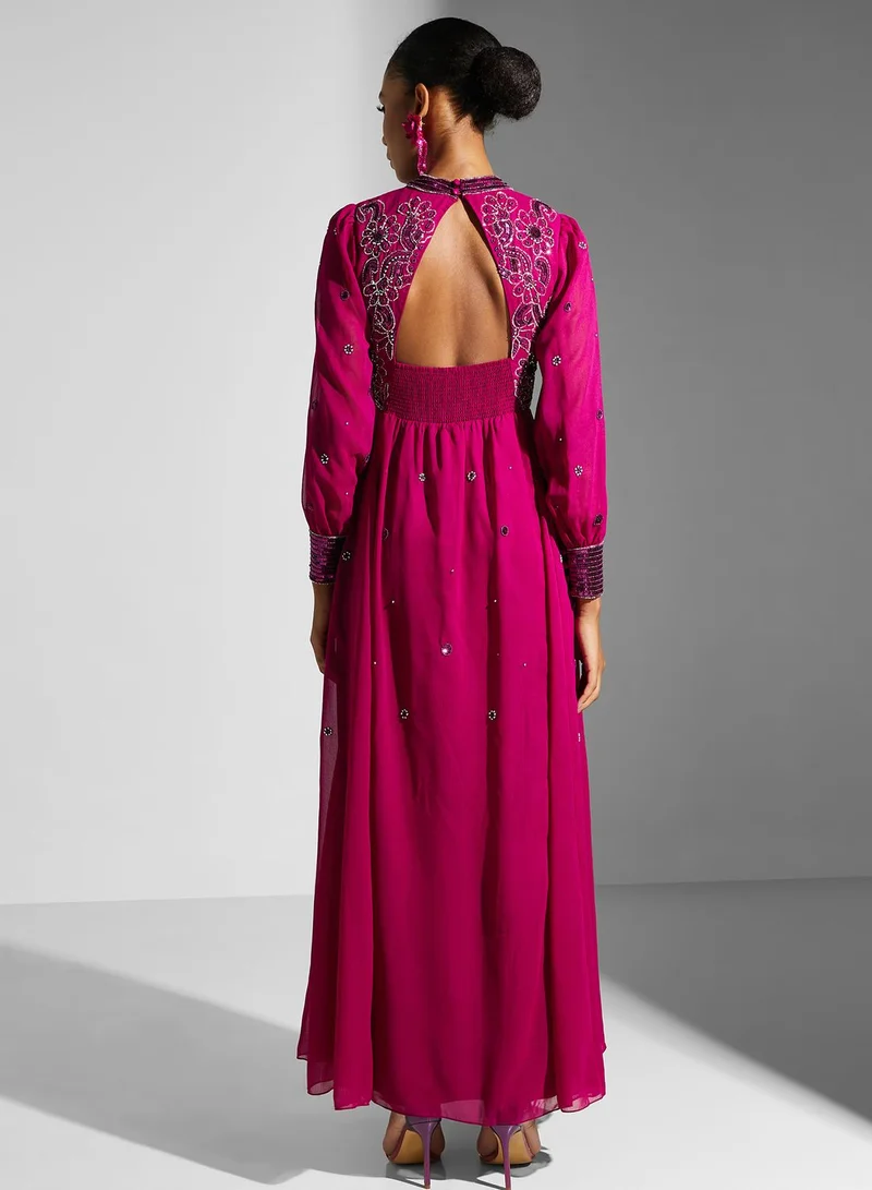 Frock and Frill Puff Sleeve Mesh Detail Dress