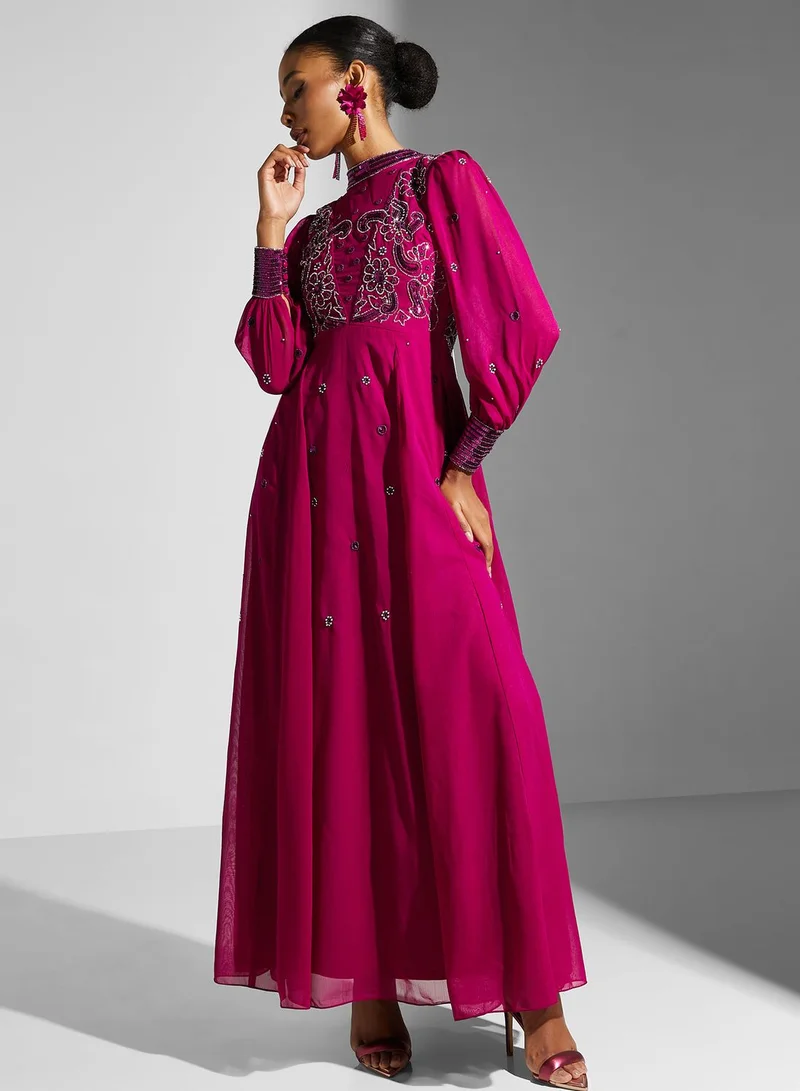 Frock and Frill Puff Sleeve Mesh Detail Dress