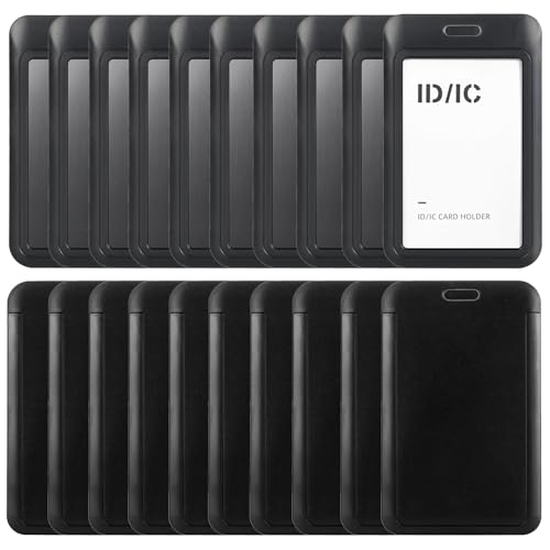 JEFURE 20 Pcs Black Badge Holder, Sliding Vertical Plastic Name Badge Holders, ID Holder with Clear Window for ID Credit Cards, Proximity Key Cards, Driver's Licenses, Passes - Image 1
