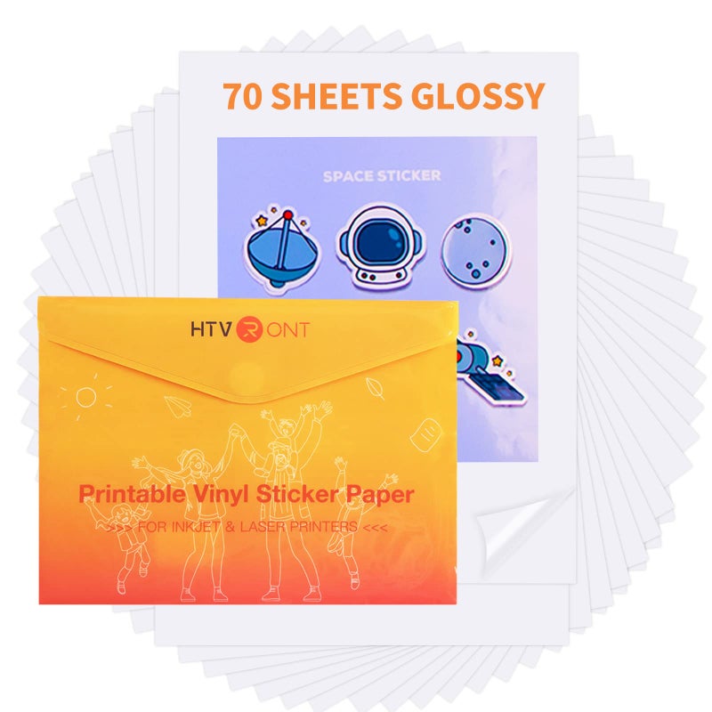 HTVRONT Printable Vinyl Sticker Paper - 70 Sheets Glossy Waterproof Sticker Paper for Inkjet Printer & Laser Printer, Dries Quickly & Tear Resistant, 8.5"x11" - Image 1