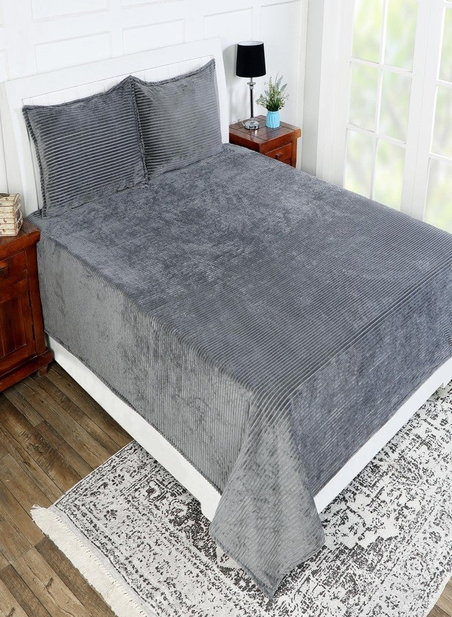 RD TREND 210 TC 190 GSM Flannel Warm bedsheets for Winter Double Flat Size (90 x 100 Inches) with 2 Pillow Cover Size (18x28 Inches) Colour Light Grey, Striped - Image 1