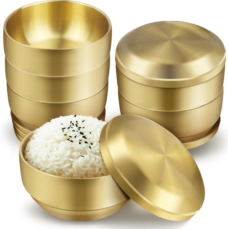 Roucerlin 6Pcs Stainless Steel Rice Bowl with Lid 4.7In, 13 oz Double-Walled Insulated Metal Snack Bowls, Small Metal Serving Bowls, Appetizer Bowls Gold for Sauces, Noodles, Ice Cream, Oat, Cereal (6) - Image 1