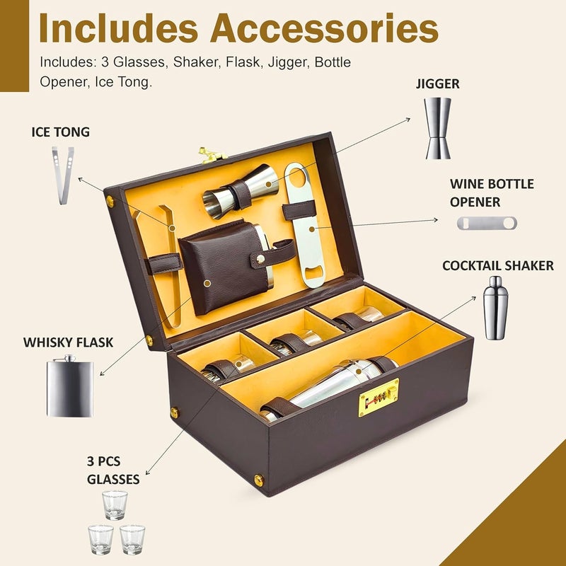 OFIXO 3 Glasses Premium Whiskey Case | Handy Portable Leatherette Bar Set for Car | 8 Pieces Wine Color Bar Tool Set - Image 3