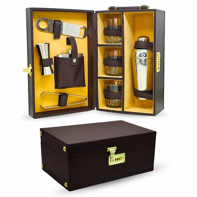OFIXO 3 Glasses Premium Whiskey Case | Handy Portable Leatherette Bar Set for Car | 8 Pieces Wine Color Bar Tool Set - Image 1