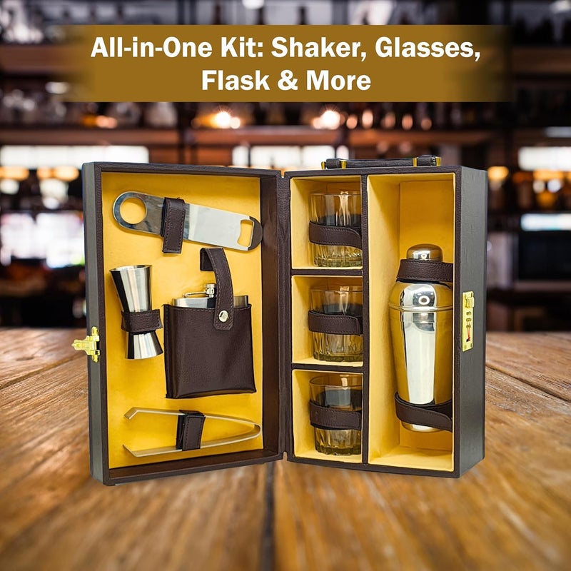 OFIXO 3 Glasses Premium Whiskey Case | Handy Portable Leatherette Bar Set for Car | 8 Pieces Wine Color Bar Tool Set - Image 2