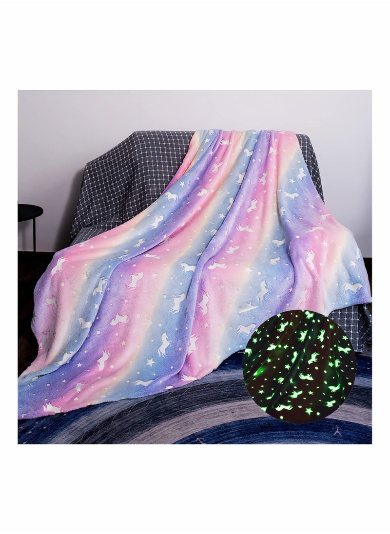 Y&D Glow in The Dark Throw Blanket Super Soft Flannel Fleece 100 x 150cm Warm Cozy Furry for Kids Decorated with Stars and Horse Holiday Birthday Gift Girls Boys Teens  - Image 1