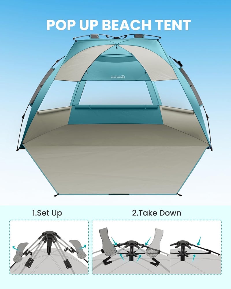 OutdoorMaster Beach Tent Sun Shelter for 3-4 Person, Pop Up Beach Tent Easy Setup with Sandbags, Portable Sun Shade Canopy with Carrying Bag for Beach & Outdoor, UPF50+ UV Protection, Family Size - Image 3