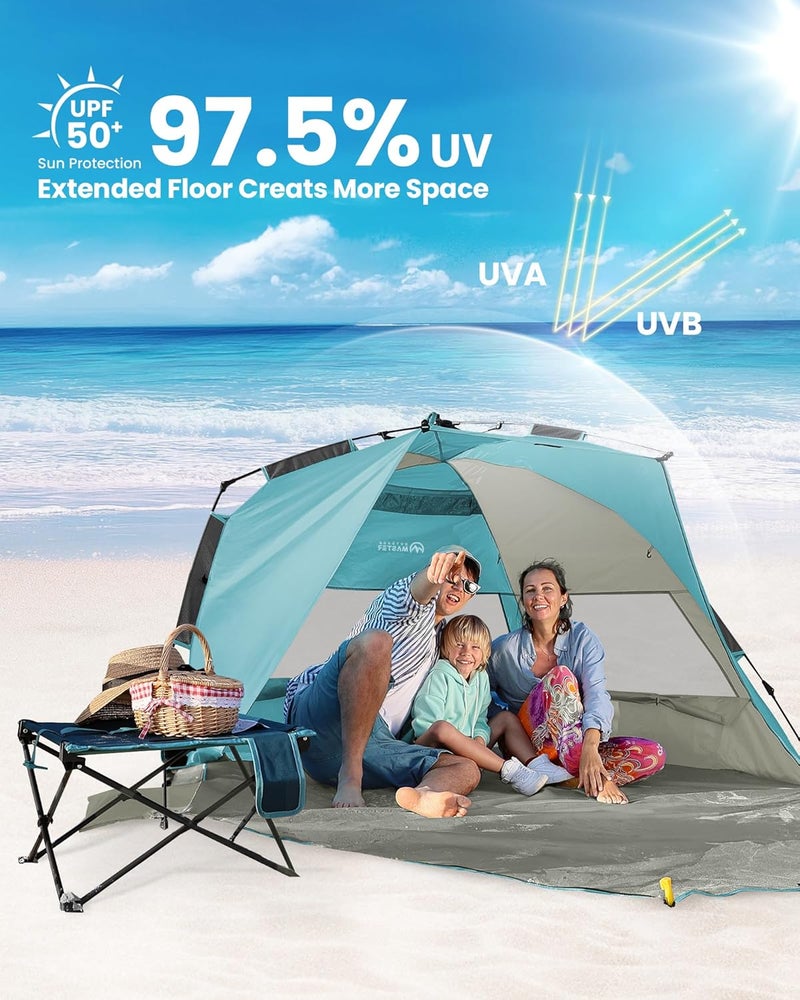 OutdoorMaster Beach Tent Sun Shelter for 3-4 Person, Pop Up Beach Tent Easy Setup with Sandbags, Portable Sun Shade Canopy with Carrying Bag for Beach & Outdoor, UPF50+ UV Protection, Family Size - Image 2