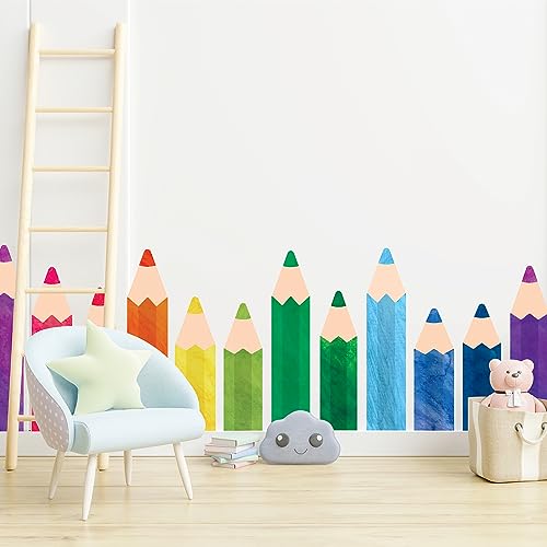 Whaline 8 Sheets Colorful Pencils Wall Decals Waterproof Watercolor Pencils Wall Stickers Educational Peel and Stick Removable Wall Corner Stickers for Playroom Classroom Living Room Blackboard Decor - Image 1