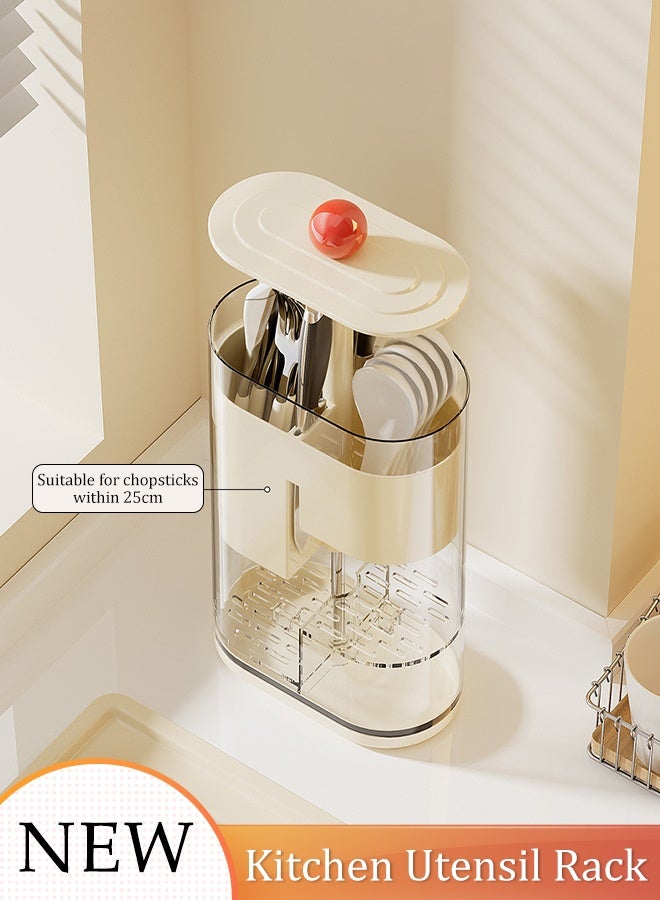 Multifunctional Kitchen Cutlery Holder Cutlery Drainer Sink Caddy 2 Compartments with Drainer Press Open Lid Storage Bucket Household Lifting Storage Bucket for Chopsticks, Forks, Spoons  - Image 1