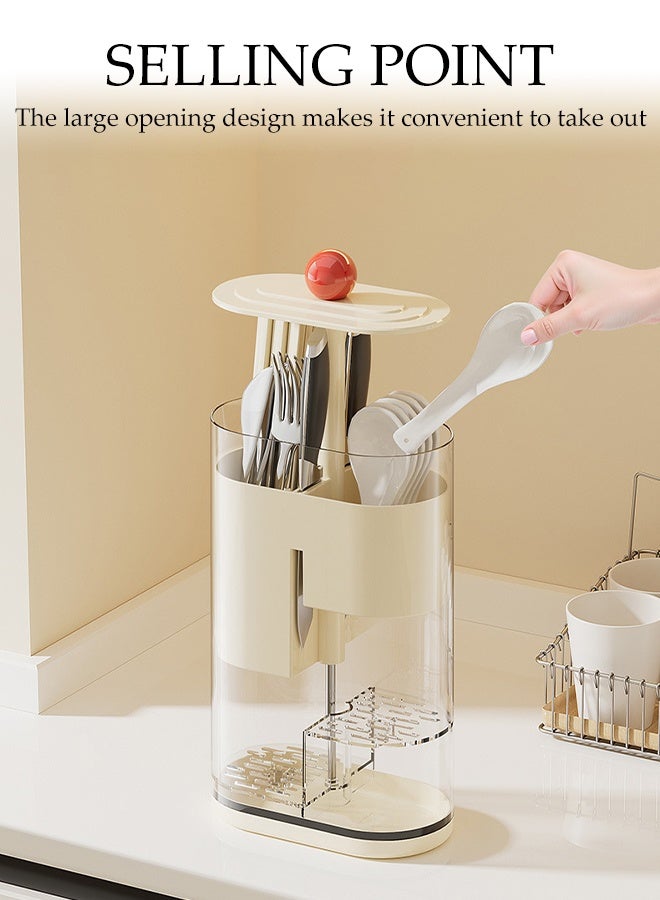 Multifunctional Kitchen Cutlery Holder Cutlery Drainer Sink Caddy 2 Compartments with Drainer Press Open Lid Storage Bucket Household Lifting Storage Bucket for Chopsticks, Forks, Spoons  - Image 3