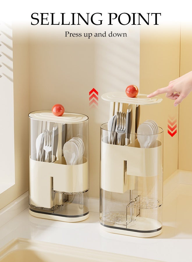Multifunctional Kitchen Cutlery Holder Cutlery Drainer Sink Caddy 2 Compartments with Drainer Press Open Lid Storage Bucket Household Lifting Storage Bucket for Chopsticks, Forks, Spoons  - Image 5