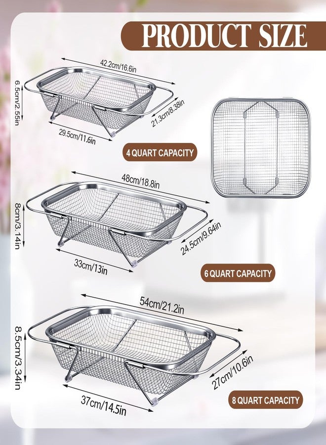 Yiyiring 3 Pcs Stainless Steel Over The Sink Colander 4/6/8 Quart Fine Mesh Strainers for Kitchen Multipurpose Strainer with Expandable Handles for Drain, Rinse Fruits, Vegetables, Dishwasher Safe - Image 2