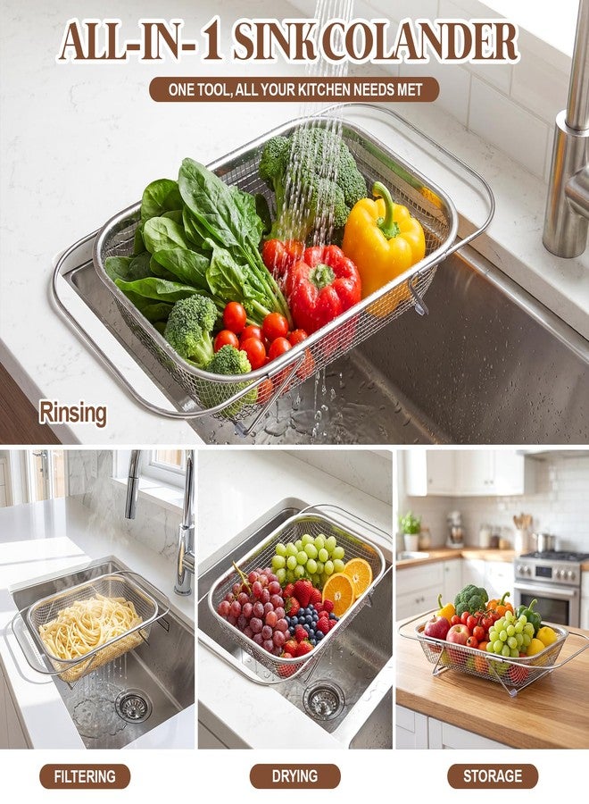 Yiyiring 3 Pcs Stainless Steel Over The Sink Colander 4/6/8 Quart Fine Mesh Strainers for Kitchen Multipurpose Strainer with Expandable Handles for Drain, Rinse Fruits, Vegetables, Dishwasher Safe - Image 3