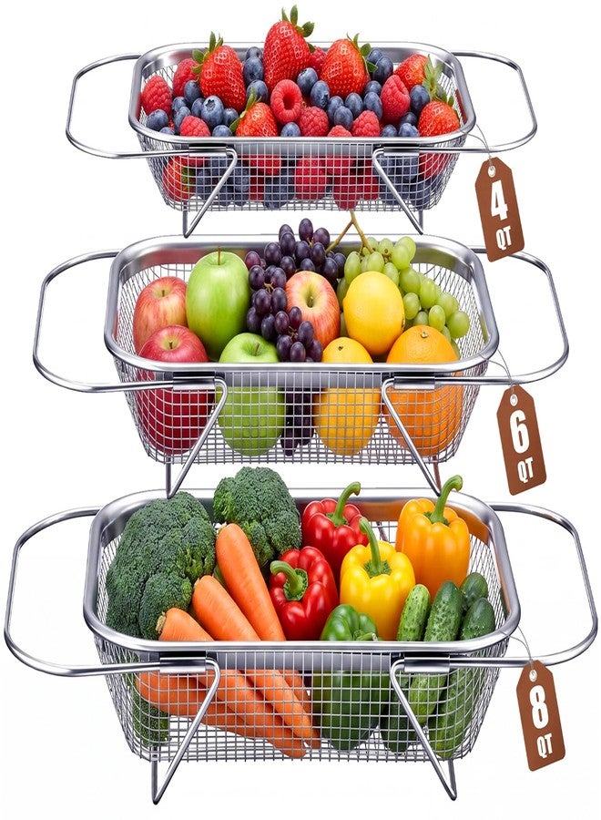Yiyiring 3 Pcs Stainless Steel Over The Sink Colander 4/6/8 Quart Fine Mesh Strainers for Kitchen Multipurpose Strainer with Expandable Handles for Drain, Rinse Fruits, Vegetables, Dishwasher Safe - Image 1
