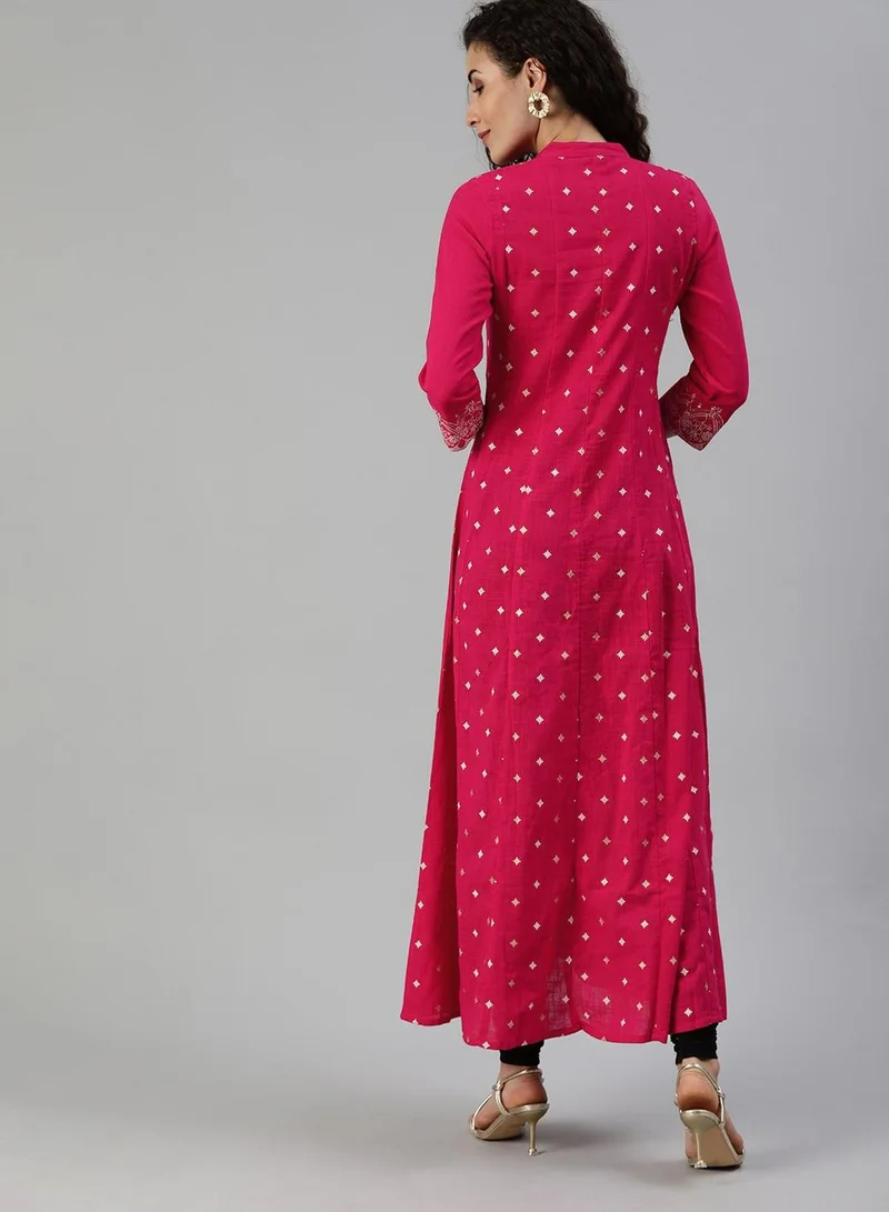 Ishin  Women Pink White Printed A-Line Kurta with Mirror Work for Women | Best Price UAE