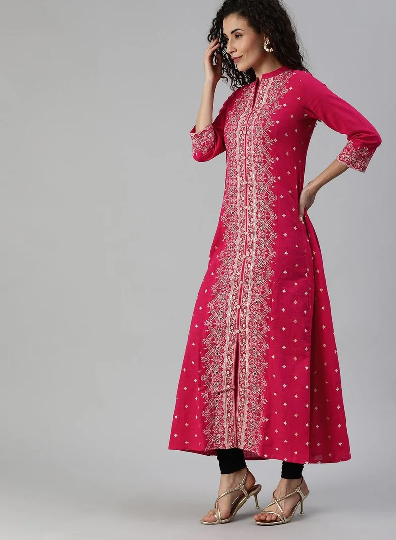Ishin  Women Pink White Printed A-Line Kurta with Mirror Work for Women | Best Price UAE